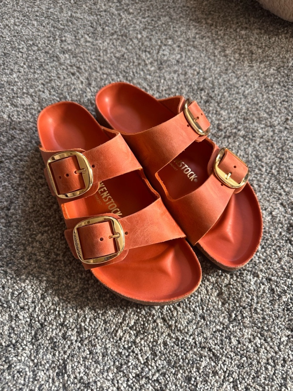 Birkenstock Orange Two-Buckle Slide Sandals with Gold Buckles